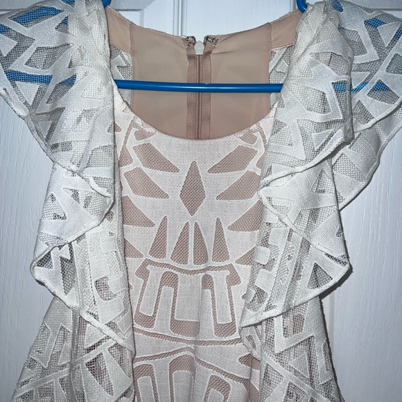 BCBG size L, worn once, white/nude dress,eyelet, mesh, a-line/trapeze midi dress - Picture 2 of 9